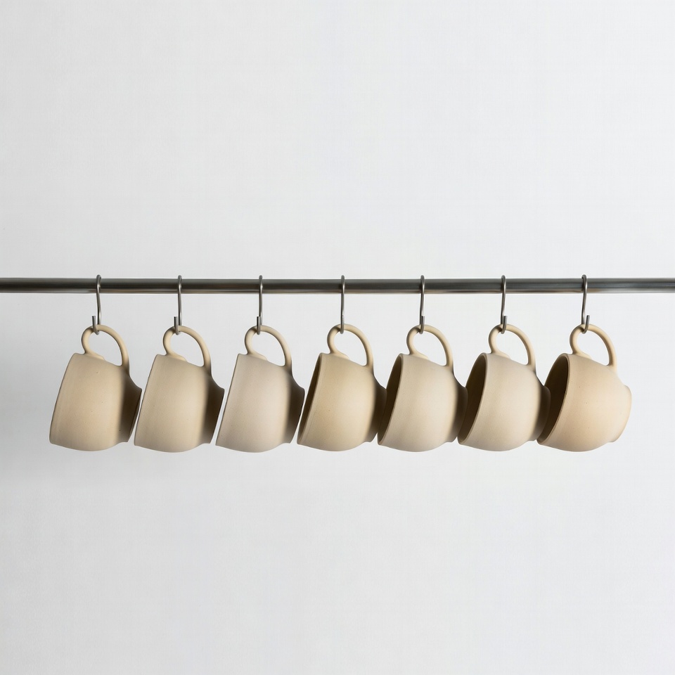 Beige Mugs Hanging on Rack Beige Mugs Hanging on Rack