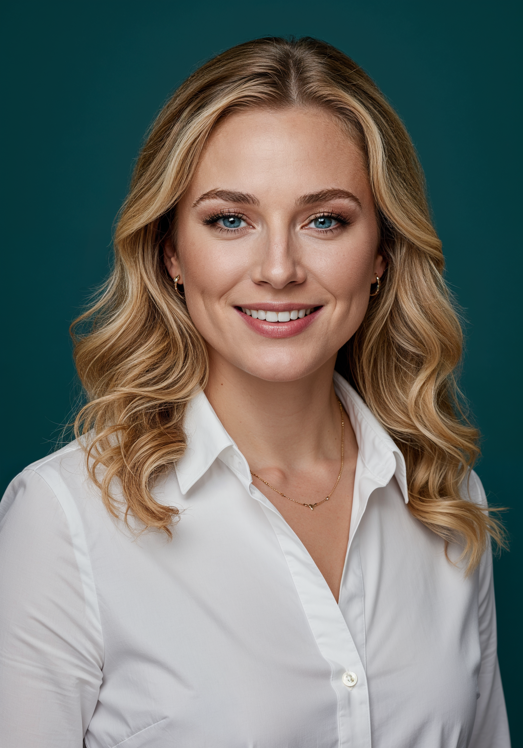 Blonde woman smiling in white shirt Blonde woman smiling in white shirt