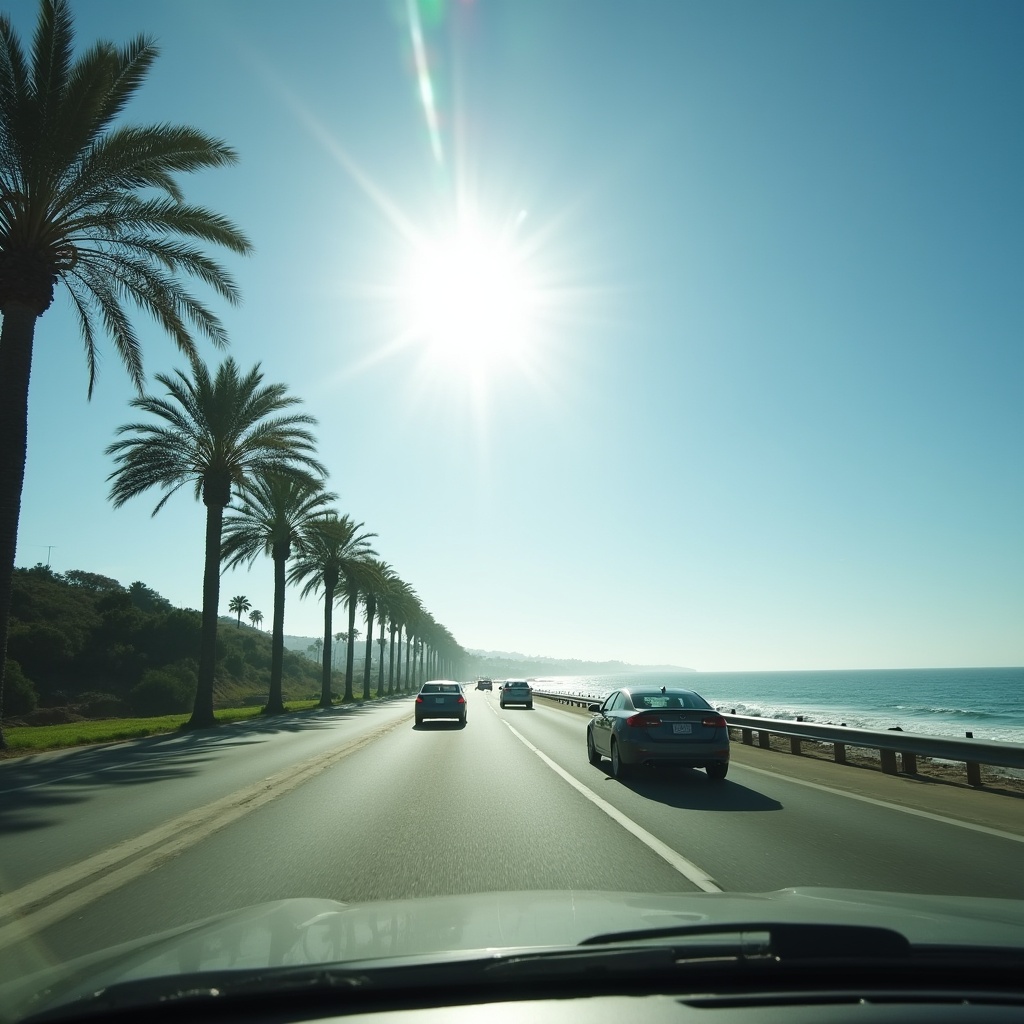 Cars Driving Palm Tree Lined Coastal Road Cars Driving Palm Tree Lined Coastal Road