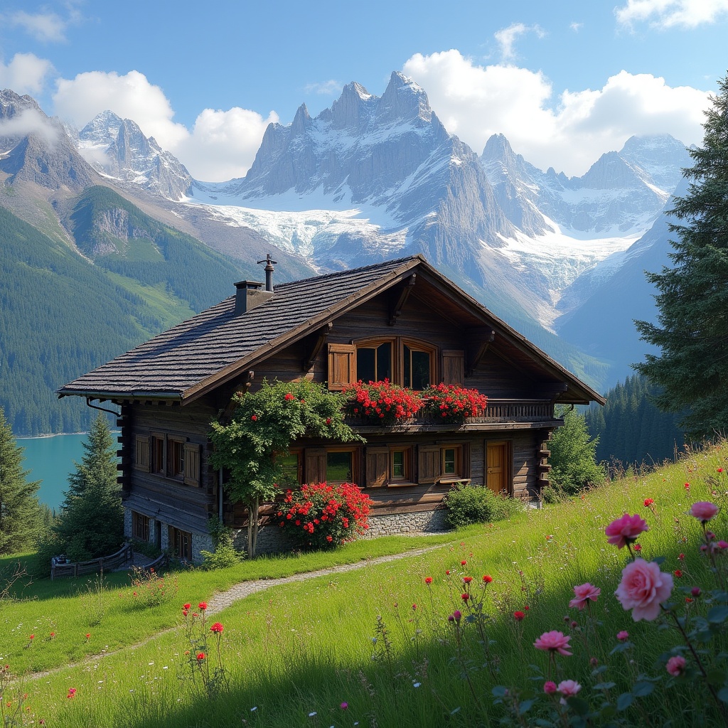Chalet with red flowers in Alps Chalet with red flowers in Alps