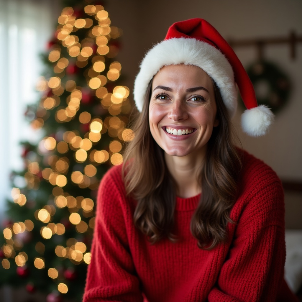 Smiling woman in Santa hat by Christmas tree Smiling woman in Santa hat by Christmas tree