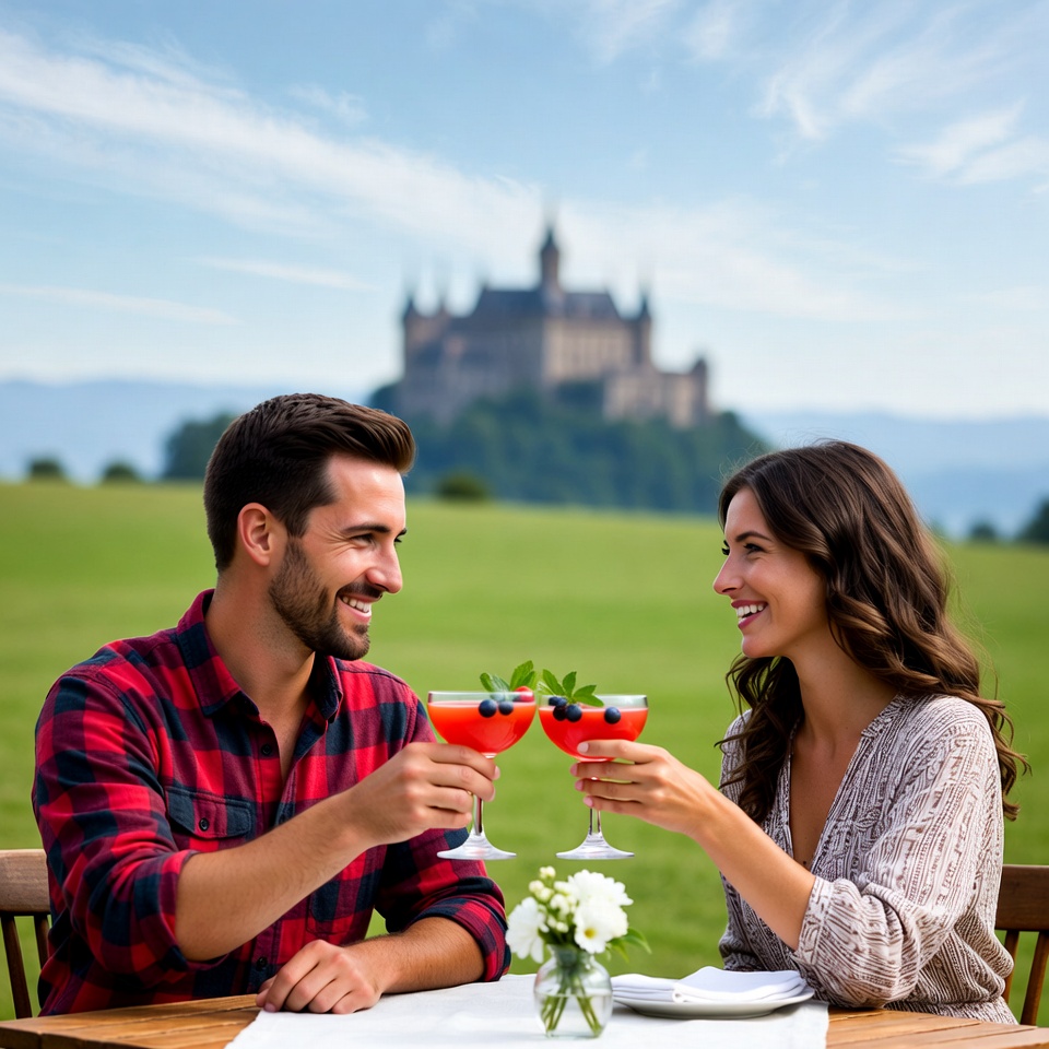 Couple toasting red cocktails with castle background Couple toasting red cocktails with castle background