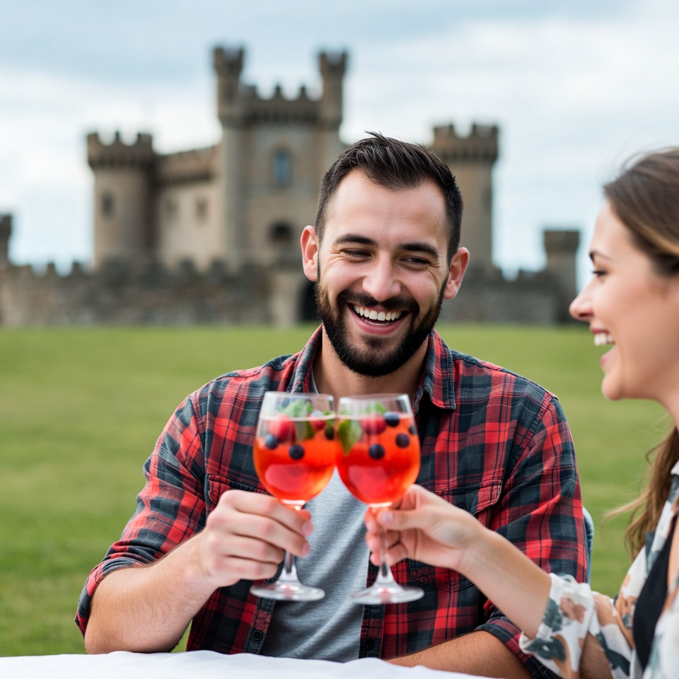 Couple toasting red cocktails before castle Couple toasting red cocktails before castle