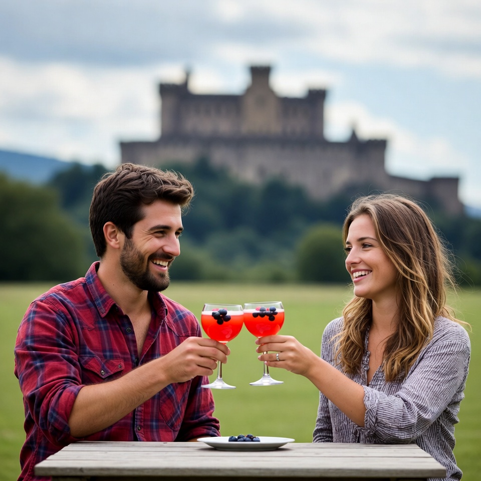 Couple toasting blueberry wine glasses castle background Couple toasting blueberry wine glasses castle background