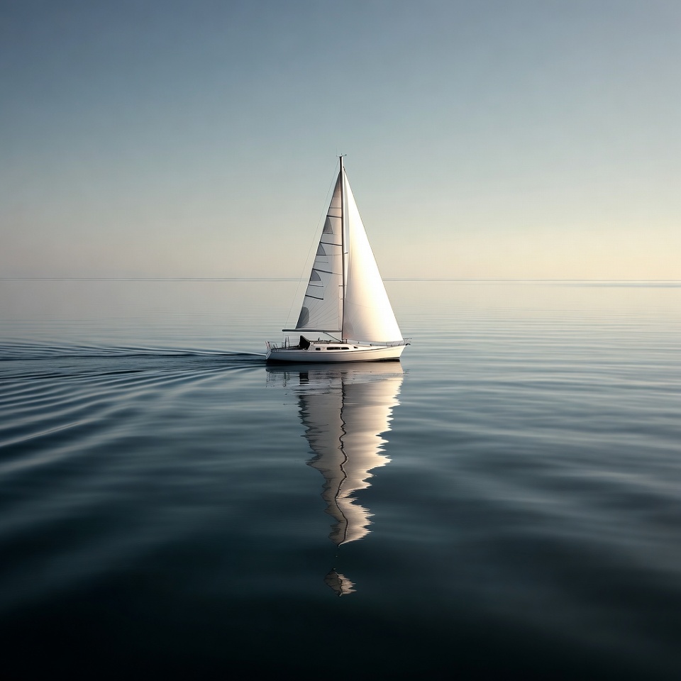 White sailboat reflecting on calm sea White sailboat reflecting on calm sea