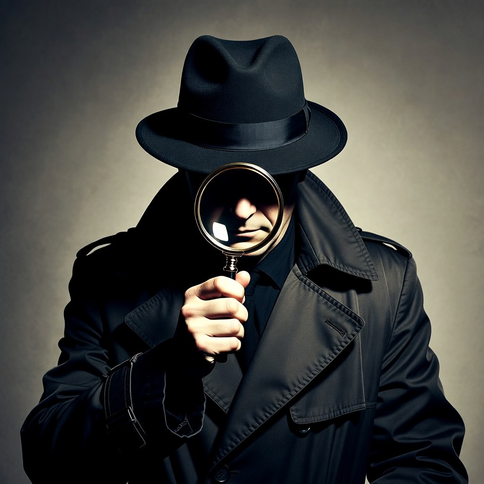 Man in trench coat holding magnifying glass Man in trench coat holding magnifying glass