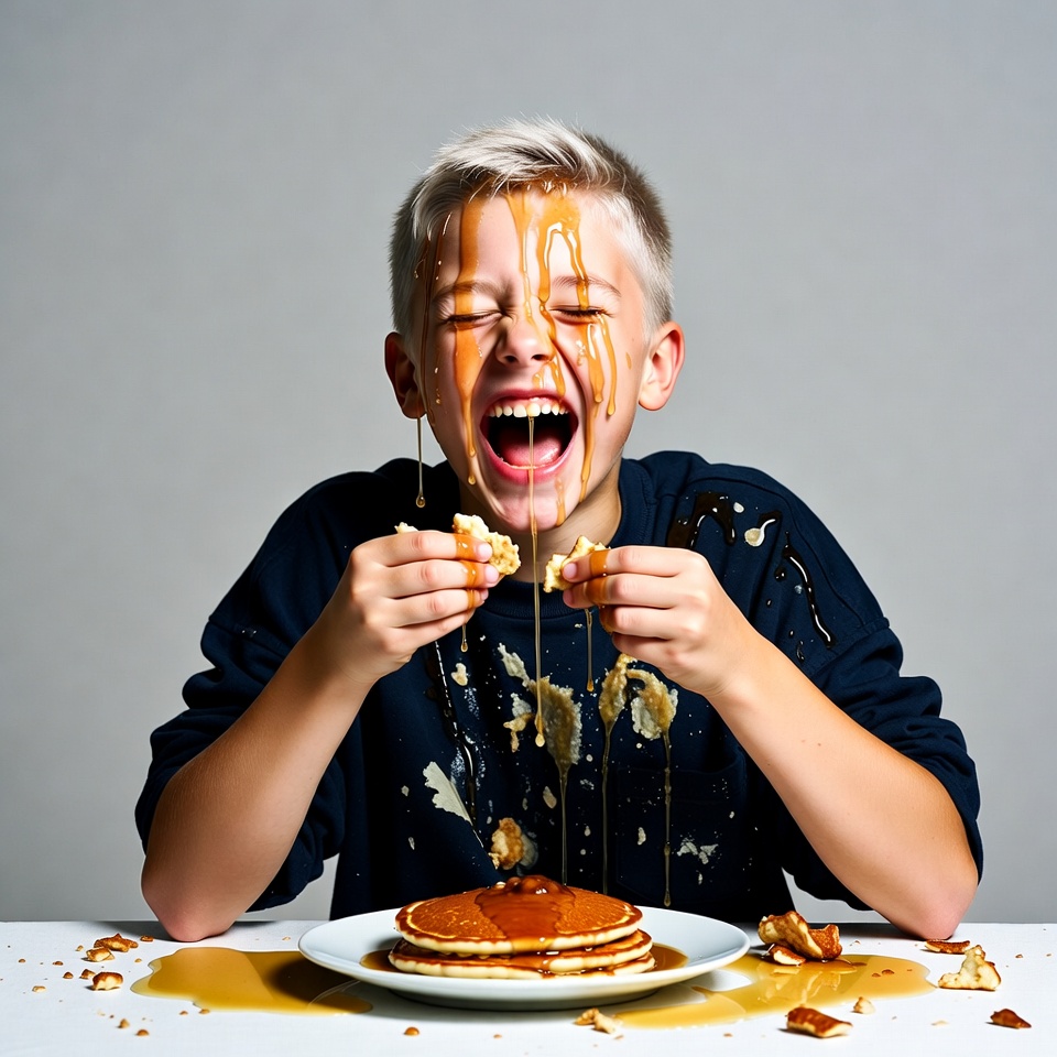 Boy eating messy pancakes with syrup Boy eating messy pancakes with syrup