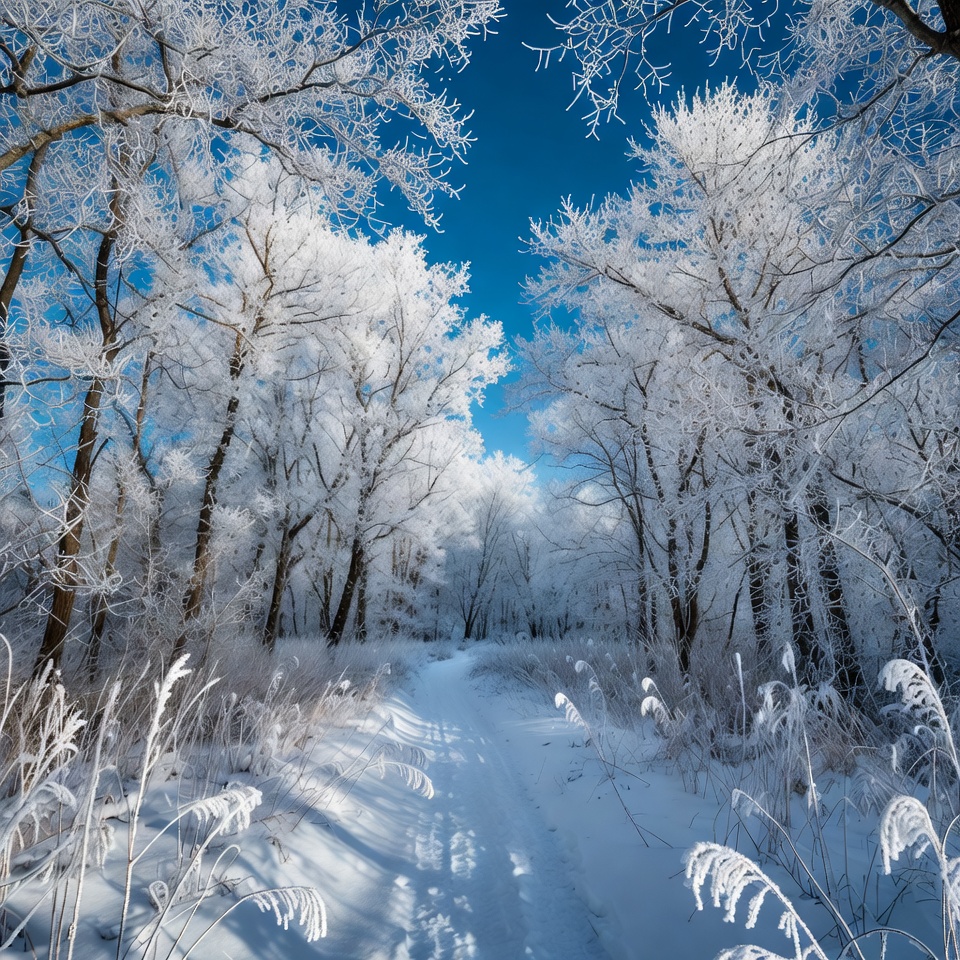 Snowy Trees Along Forest Path Snowy Trees Along Forest Path