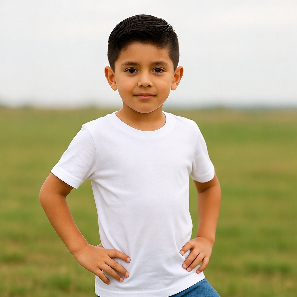Latino boy hands on hips in field Latino boy hands on hips in field