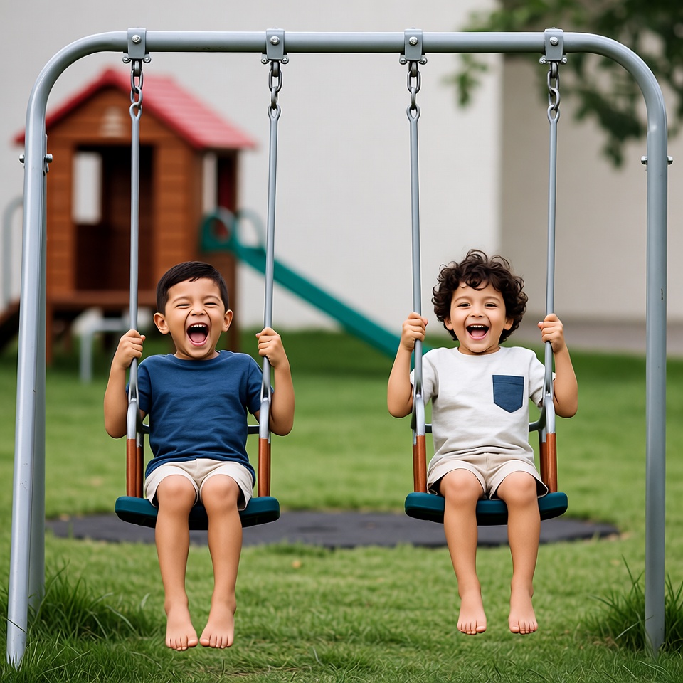 Two boys swinging on playground swings Two boys swinging on playground swings