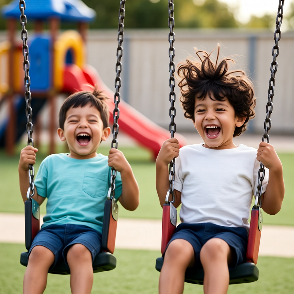 Two boys laughing on playground swings Two boys laughing on playground swings