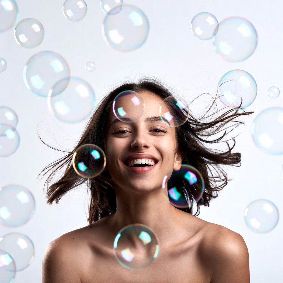 Smiling woman surrounded by soap bubbles Smiling woman surrounded by soap bubbles
