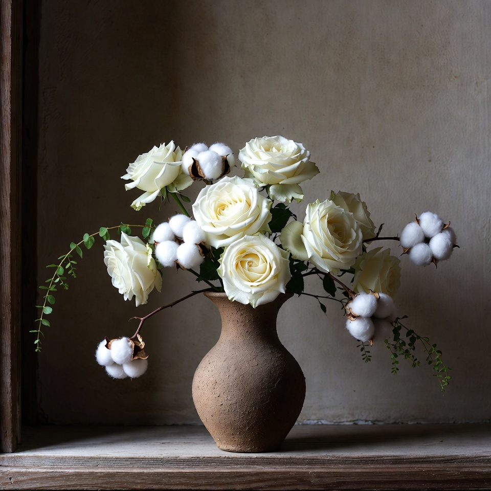 White Roses and Cotton Flowers in Vase White Roses and Cotton Flowers in Vase