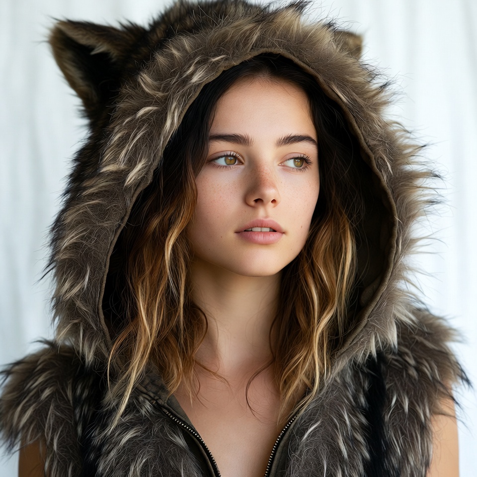 Woman wearing wolf fur hood Woman wearing wolf fur hood