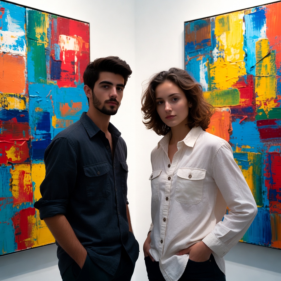Couple standing before abstract paintings Couple standing before abstract paintings