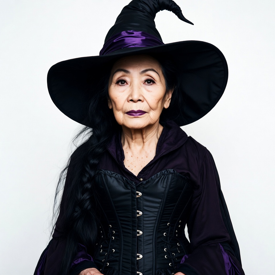 Elderly Asian woman in witch costume Elderly Asian woman in witch costume