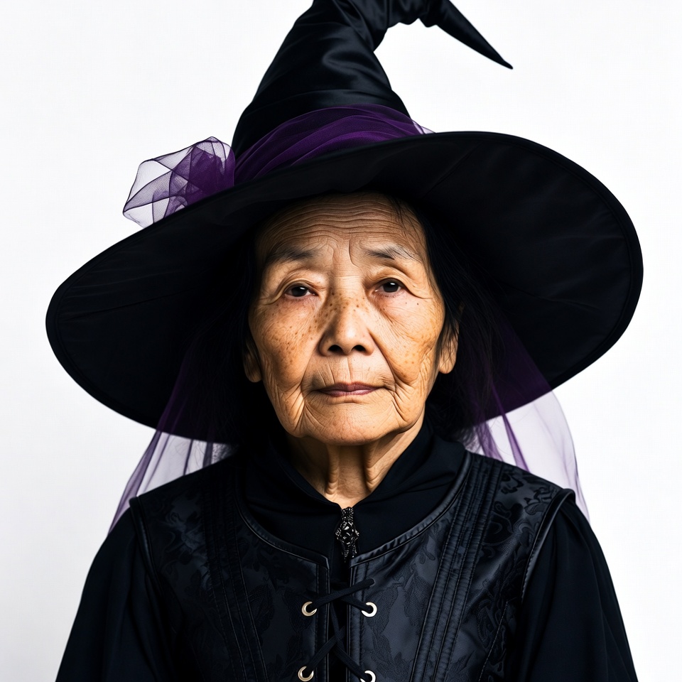 Elderly Asian woman in witch hat Elderly Asian woman in witch hat