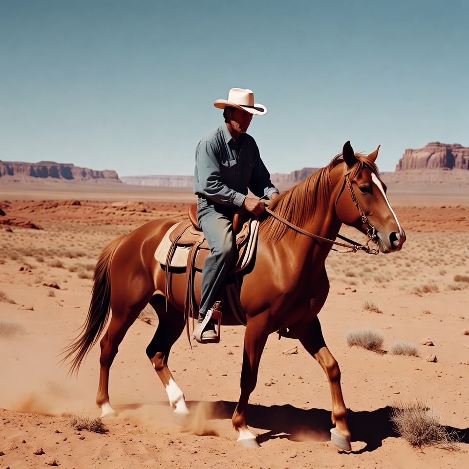 Cowboy riding horse in desert Cowboy riding horse in desert