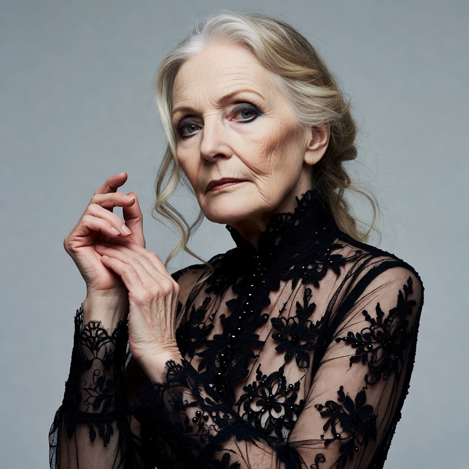 Elderly woman in black lace dress Elderly woman in black lace dress