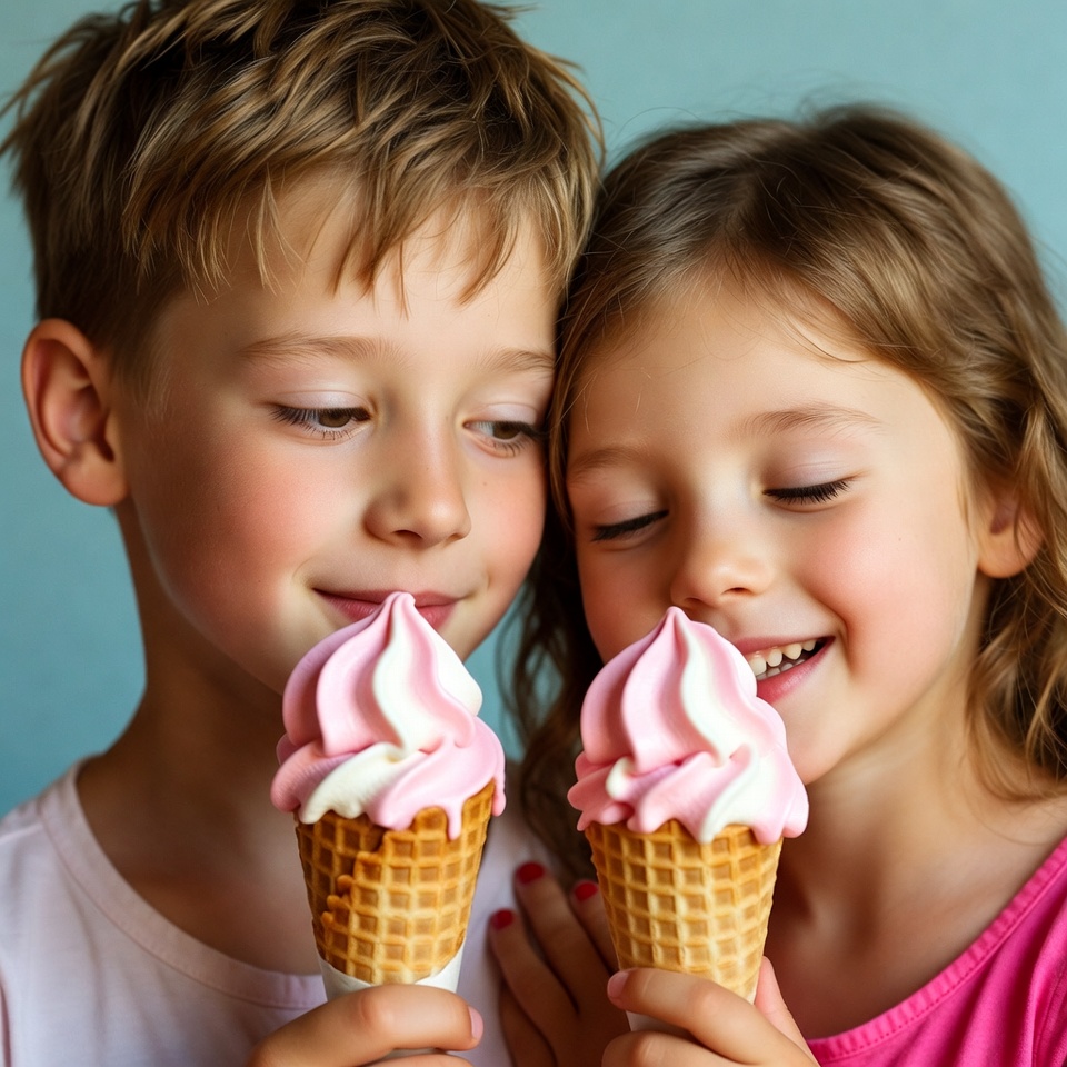 Boy and girl eating ice cream cones Boy and girl eating ice cream cones