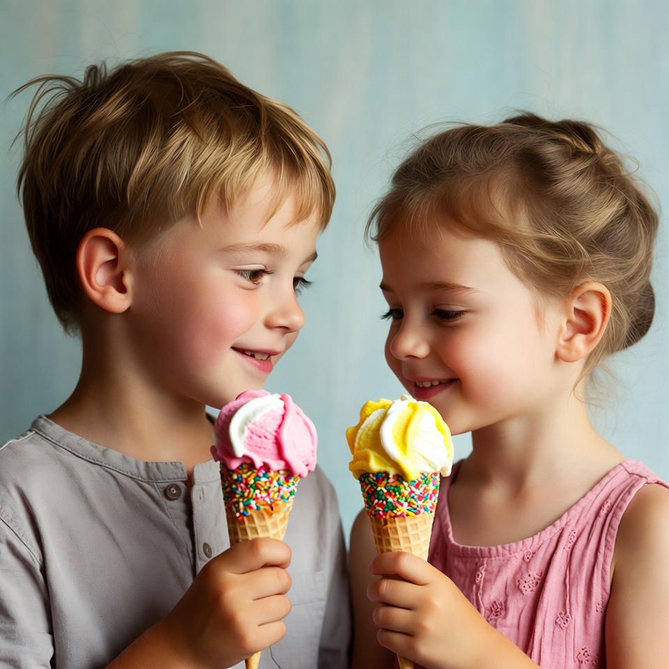 Boy and girl holding ice cream cones Boy and girl holding ice cream cones