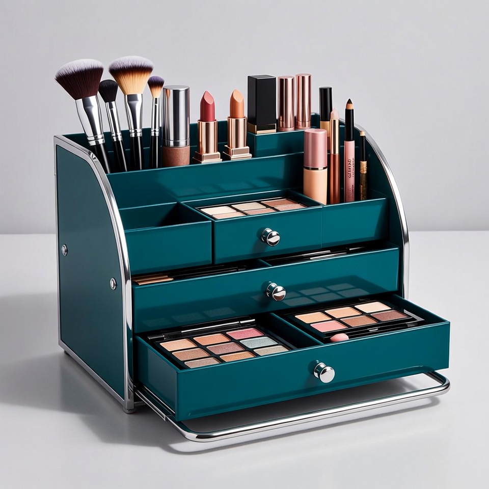 Teal Makeup Organizer with Brushes and Cosmetics Teal Makeup Organizer with Brushes and Cosmetics