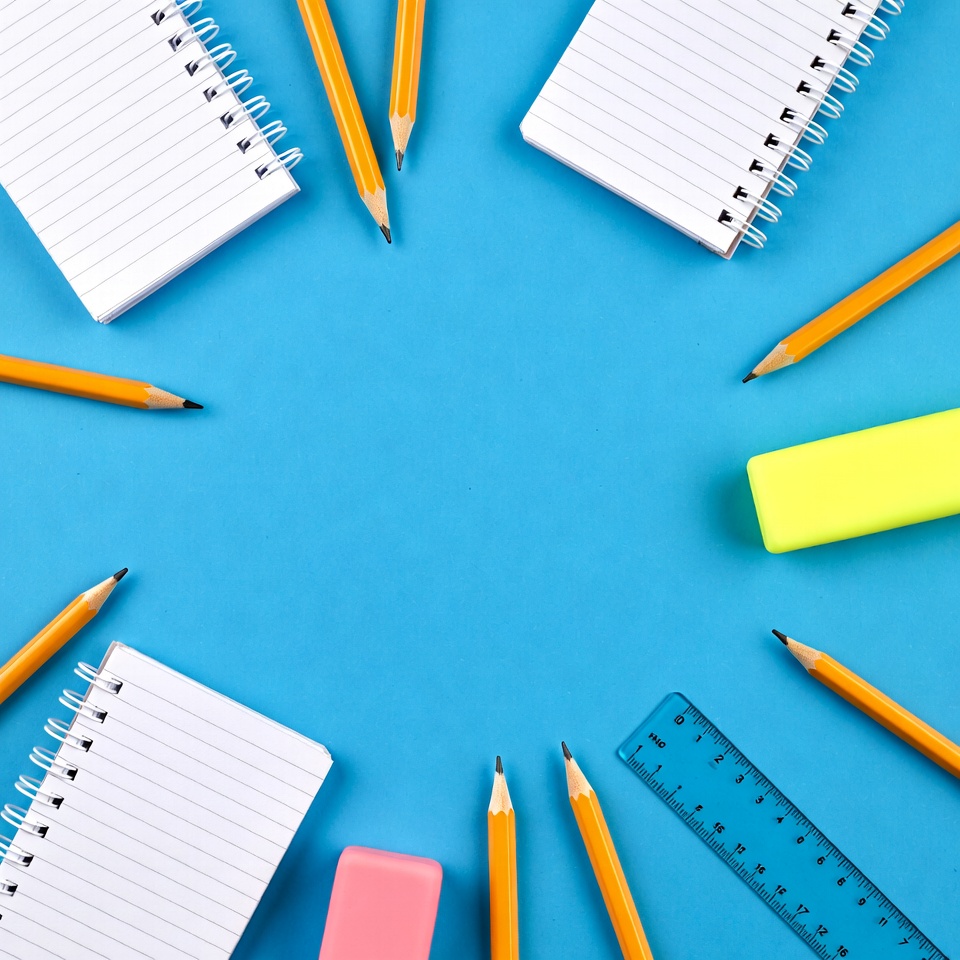 Notebooks Pencils Ruler Erasers Blue Background Notebooks Pencils Ruler Erasers Blue Background