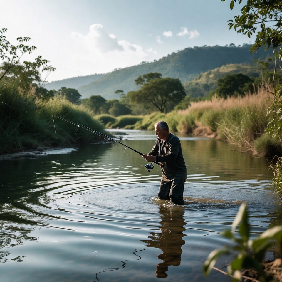 Man fishing in shallow river Man fishing in shallow river