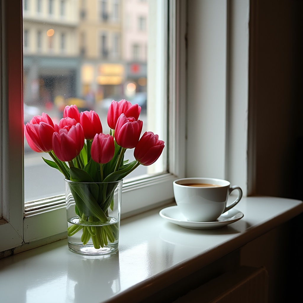 Pink tulips and coffee by window Pink tulips and coffee by window