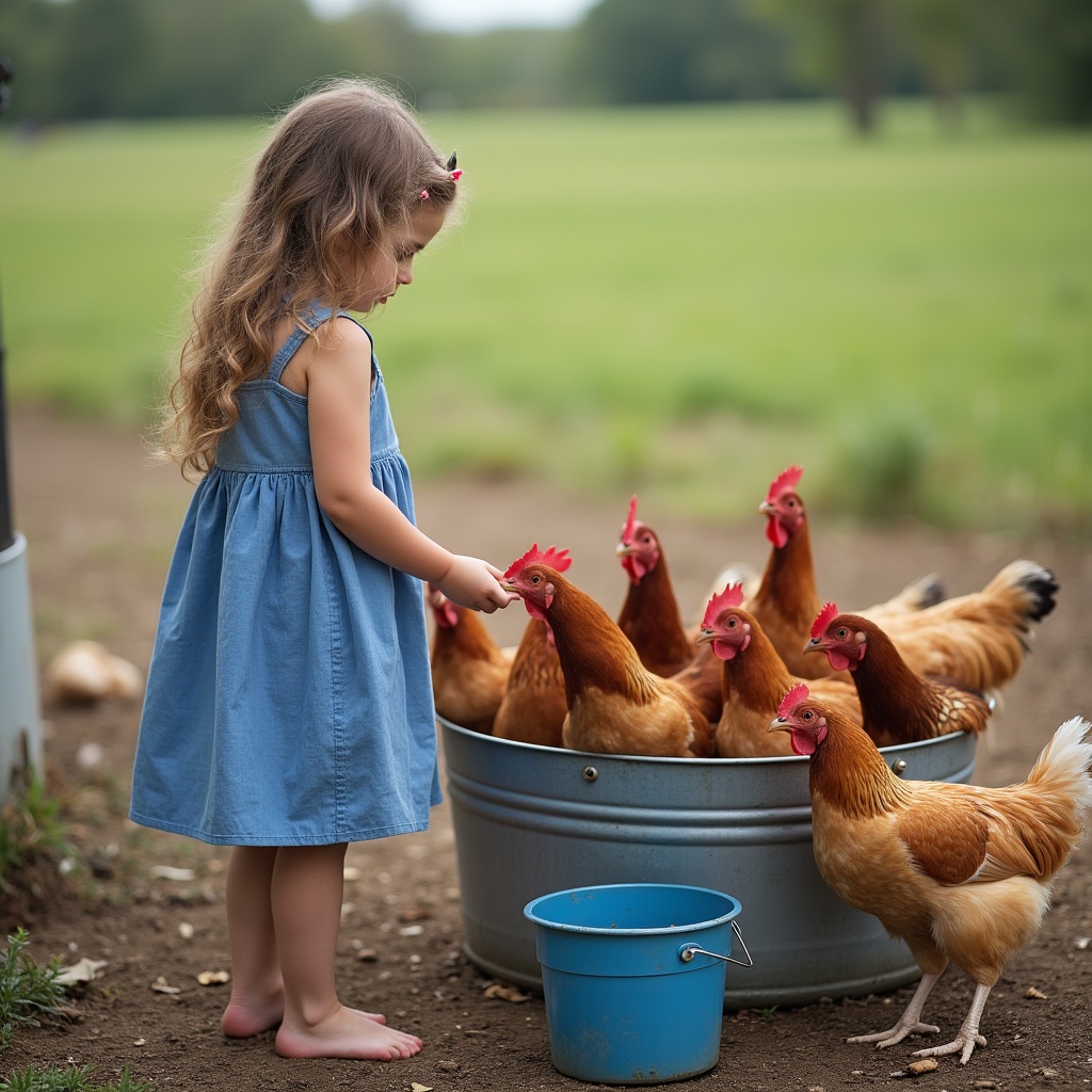 Girl feeding chickens from bucket Girl feeding chickens from bucket