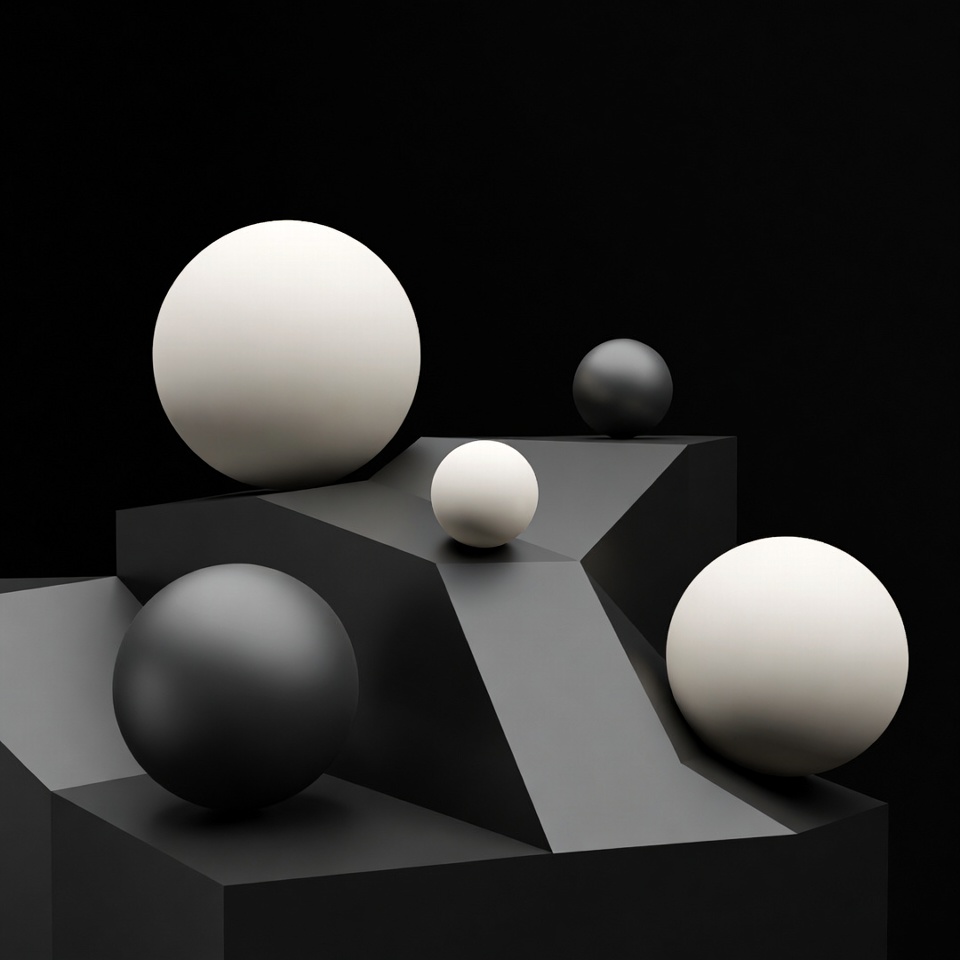 White and Black Spheres on Geometric Pedestal White and Black Spheres on Geometric Pedestal