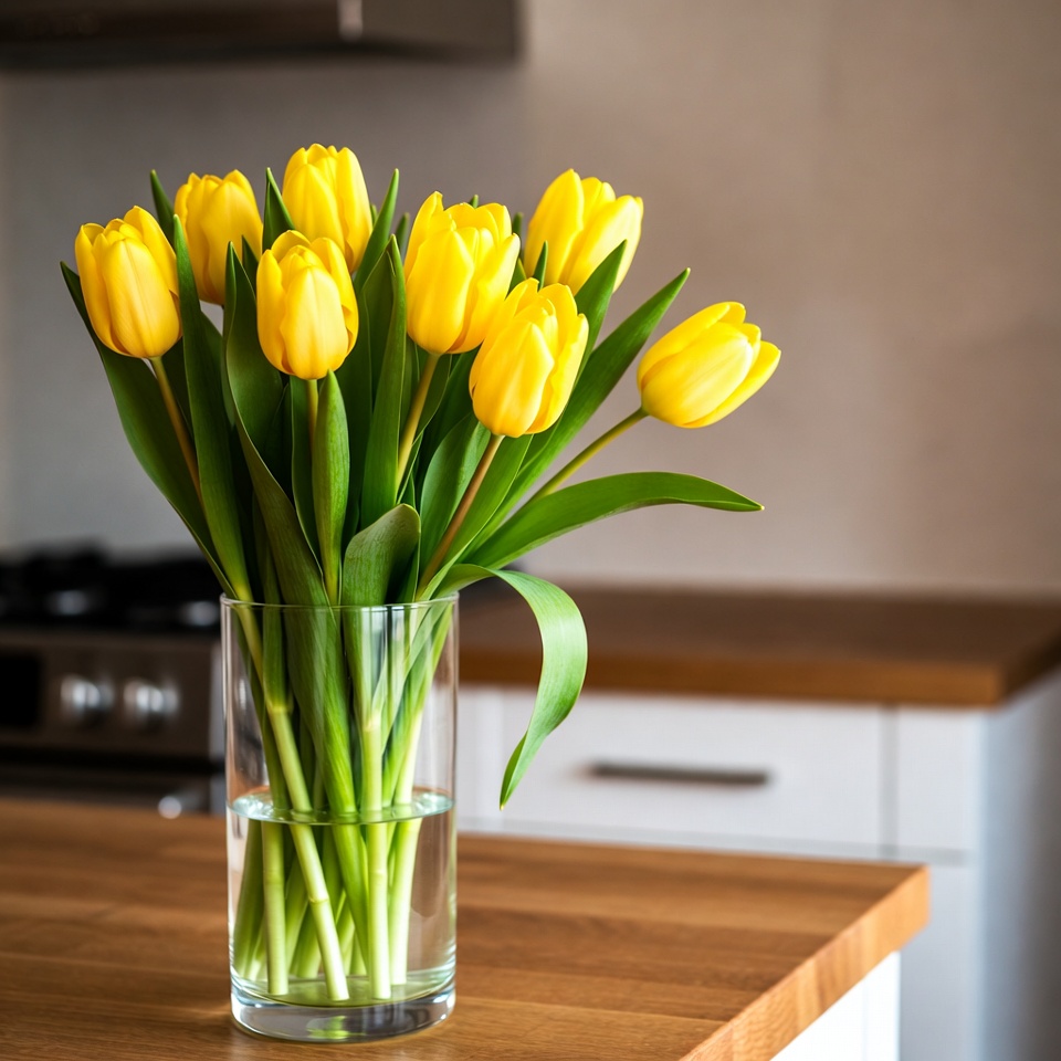 Yellow tulips in glass vase Yellow tulips in glass vase