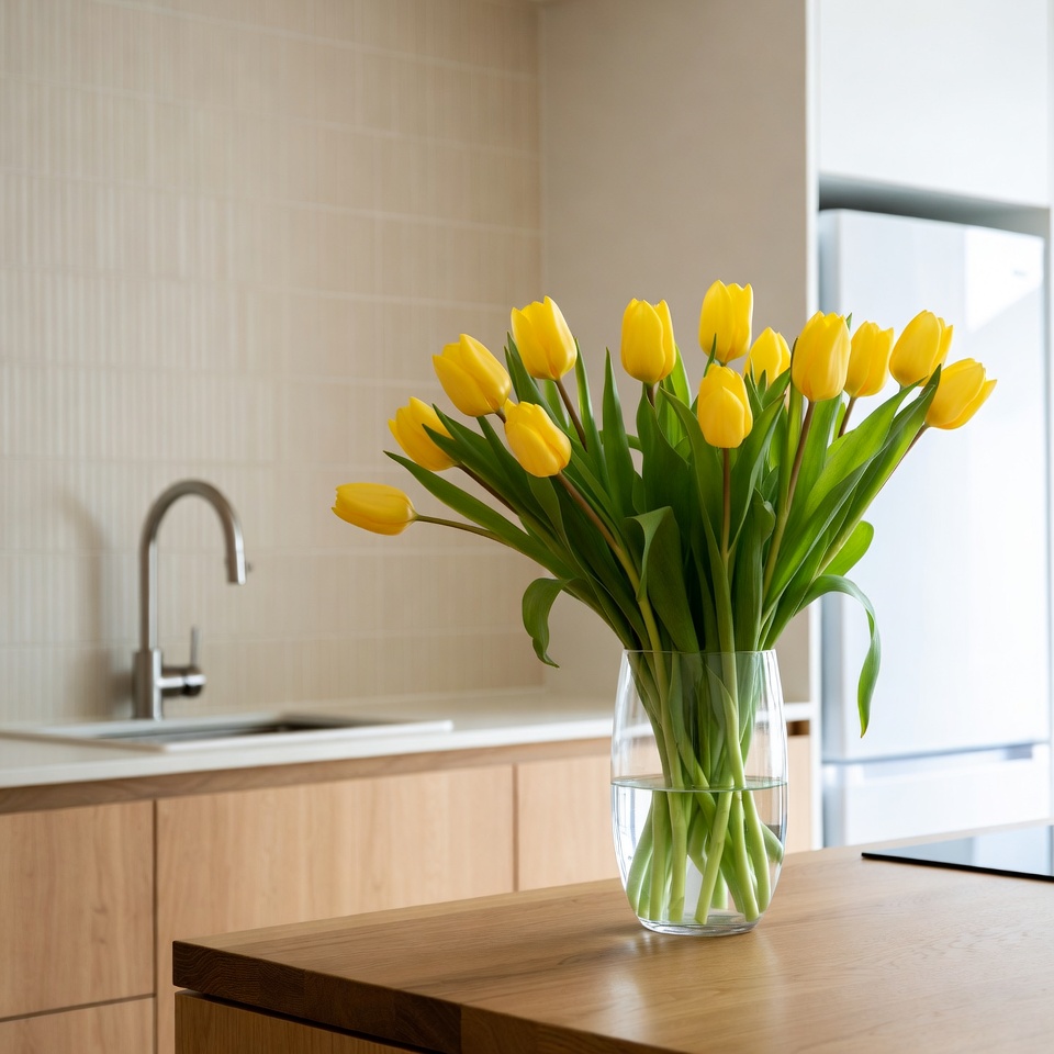 Yellow tulips in kitchen vase Yellow tulips in kitchen vase