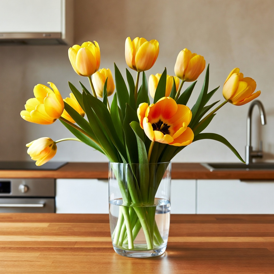 Yellow tulips in glass vase Yellow tulips in glass vase