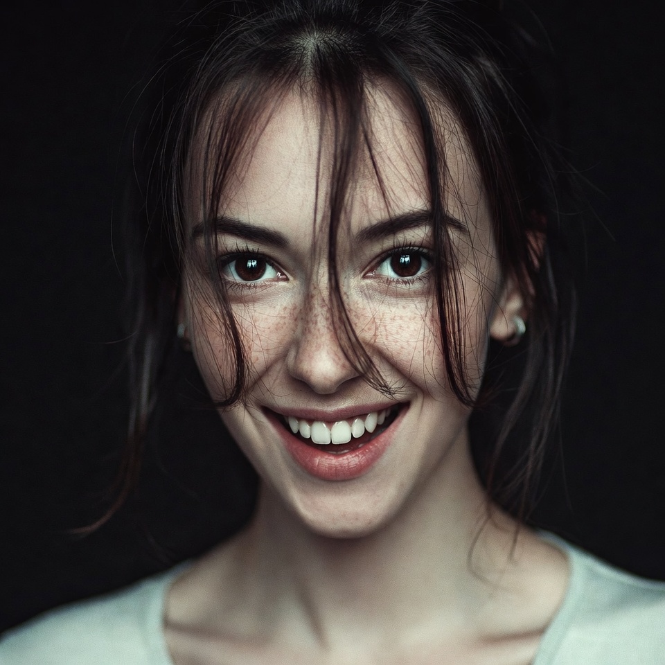 Smiling woman with freckles and dark hair Smiling woman with freckles and dark hair