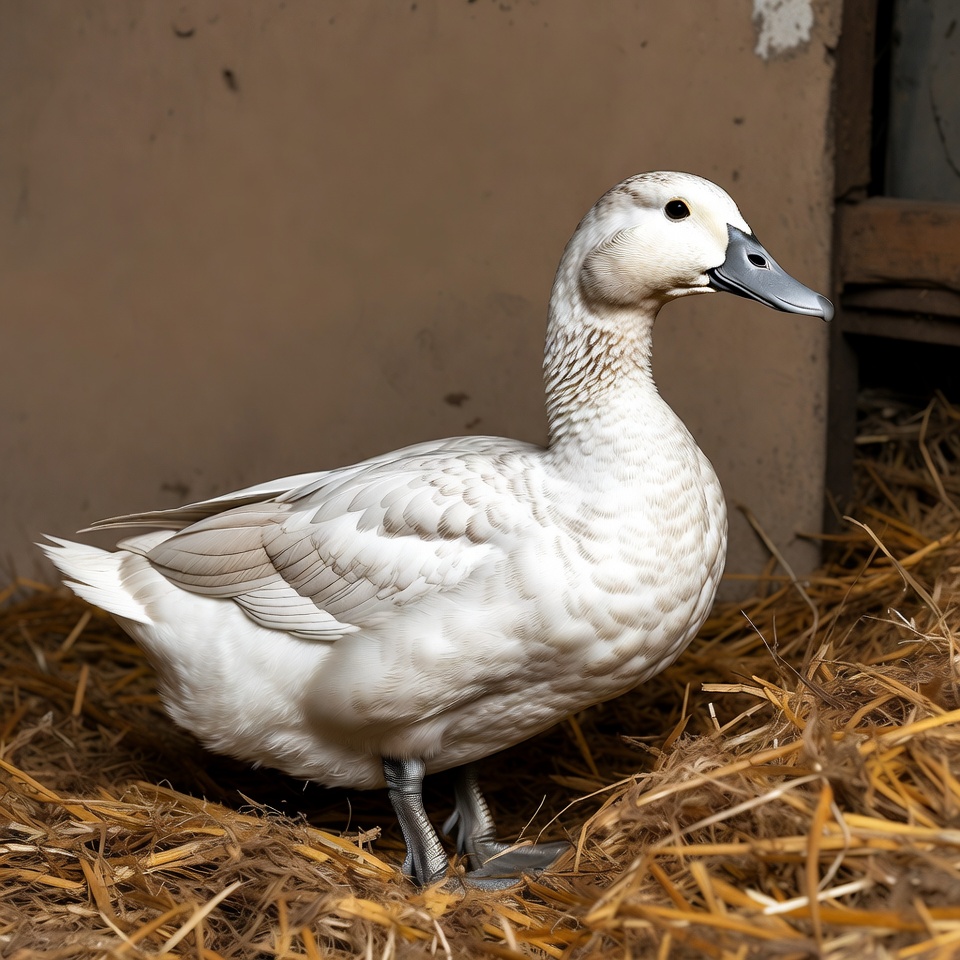 White duck standing on straw White duck standing on straw