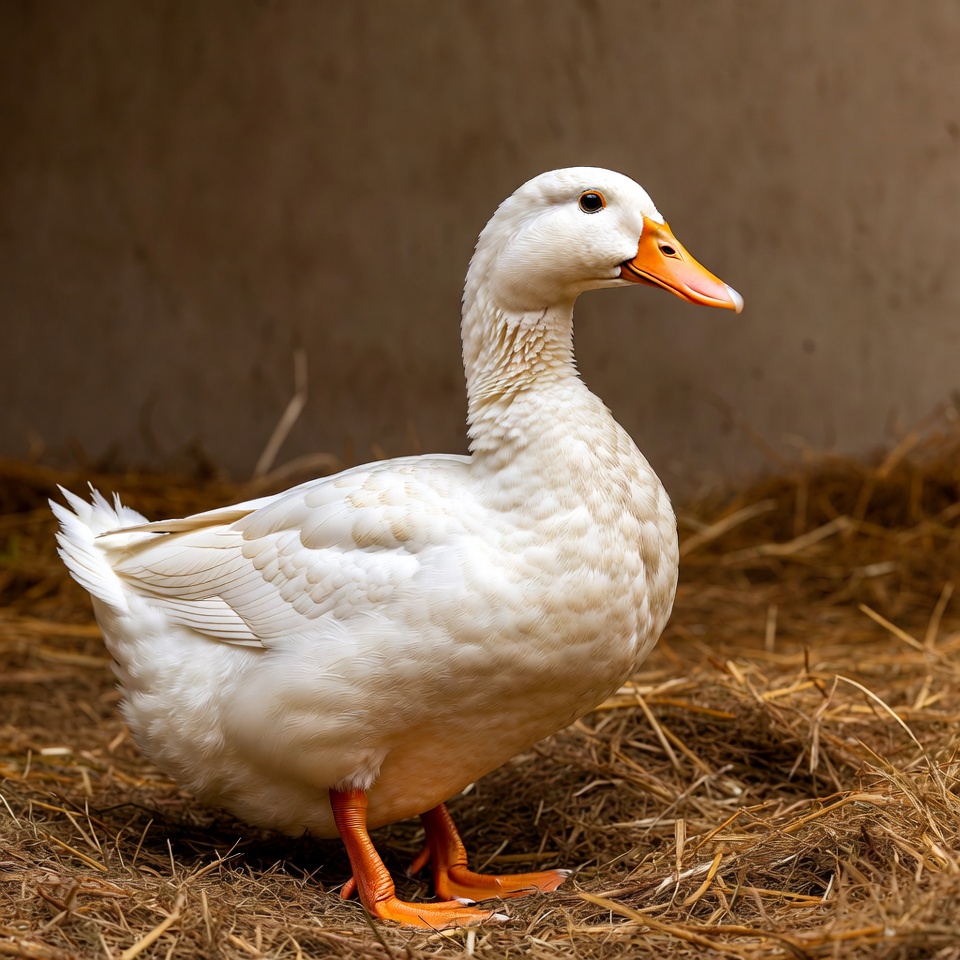 White duck standing on hay White duck standing on hay