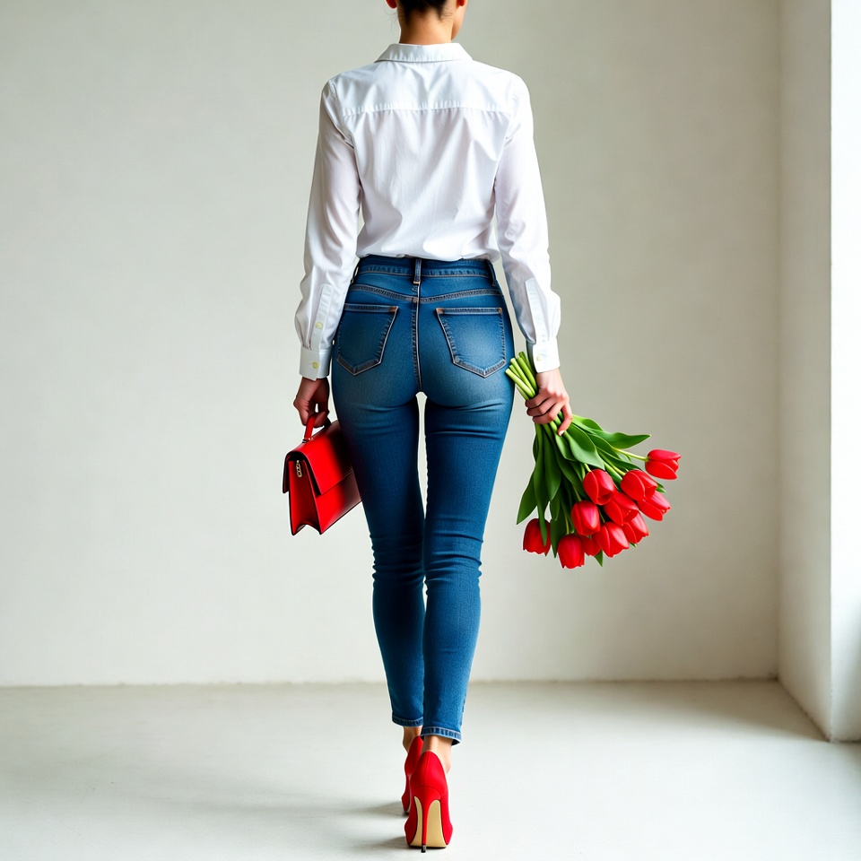 Woman walking with tulips and red bag Woman walking with tulips and red bag