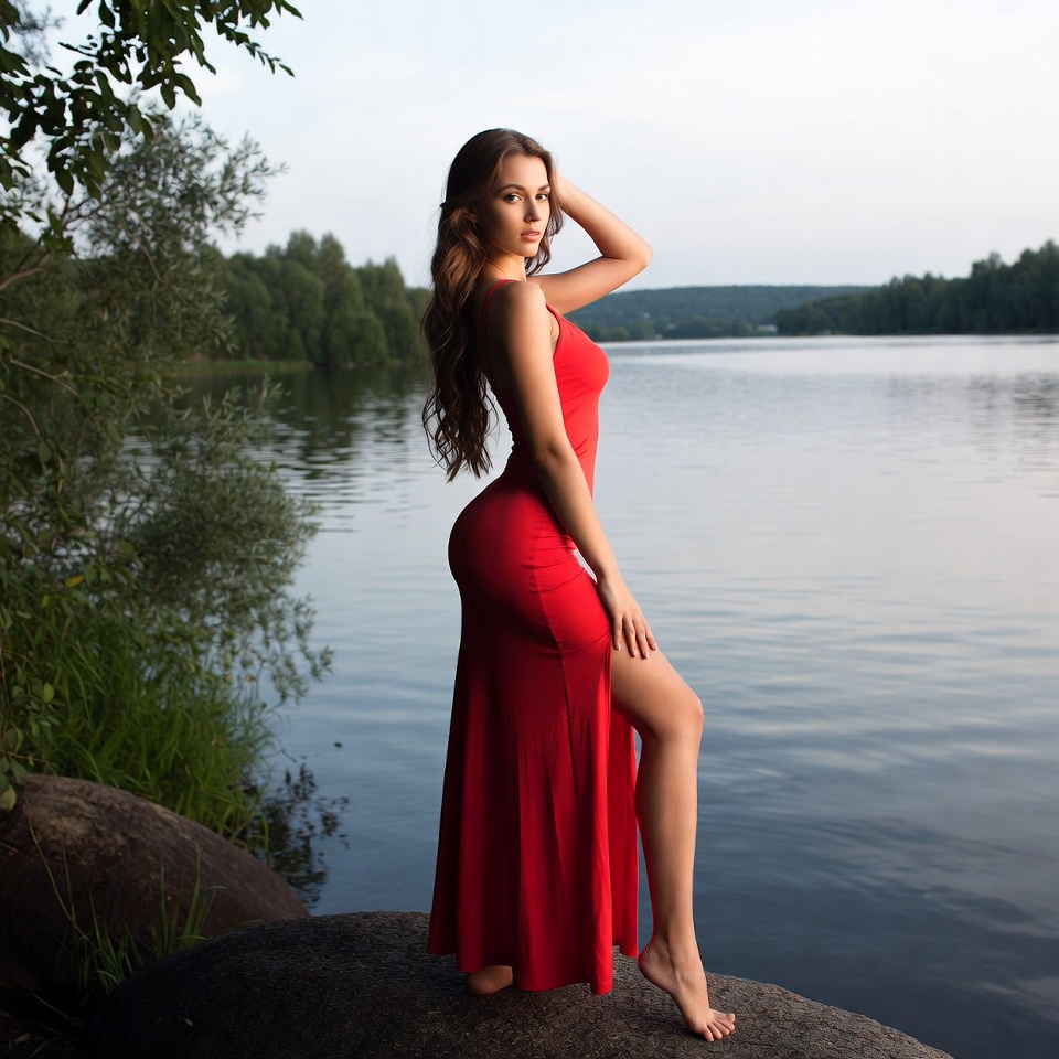 Woman in red dress by lake Woman in red dress by lake