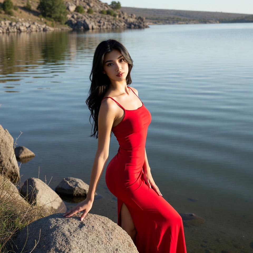 Woman in red dress by lake Woman in red dress by lake