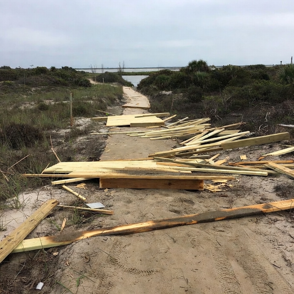 Damaged boardwalk on beach after storm Damaged boardwalk on beach after storm