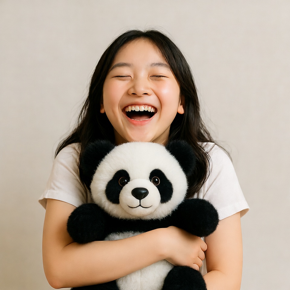 Asian girl hugging plush panda Asian girl hugging plush panda