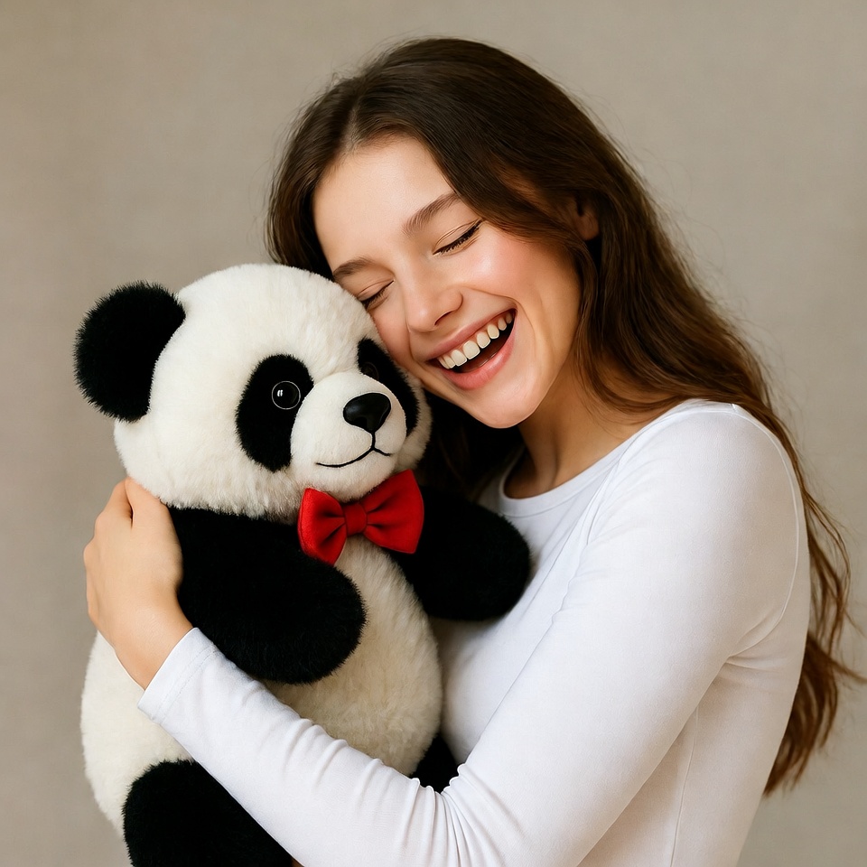 Woman hugging teddy panda bear Woman hugging teddy panda bear