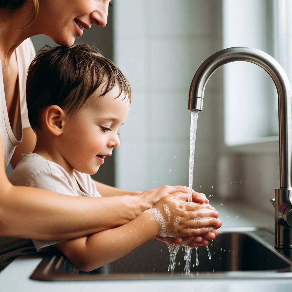 Mother helping boy wash hands Mother helping boy wash hands