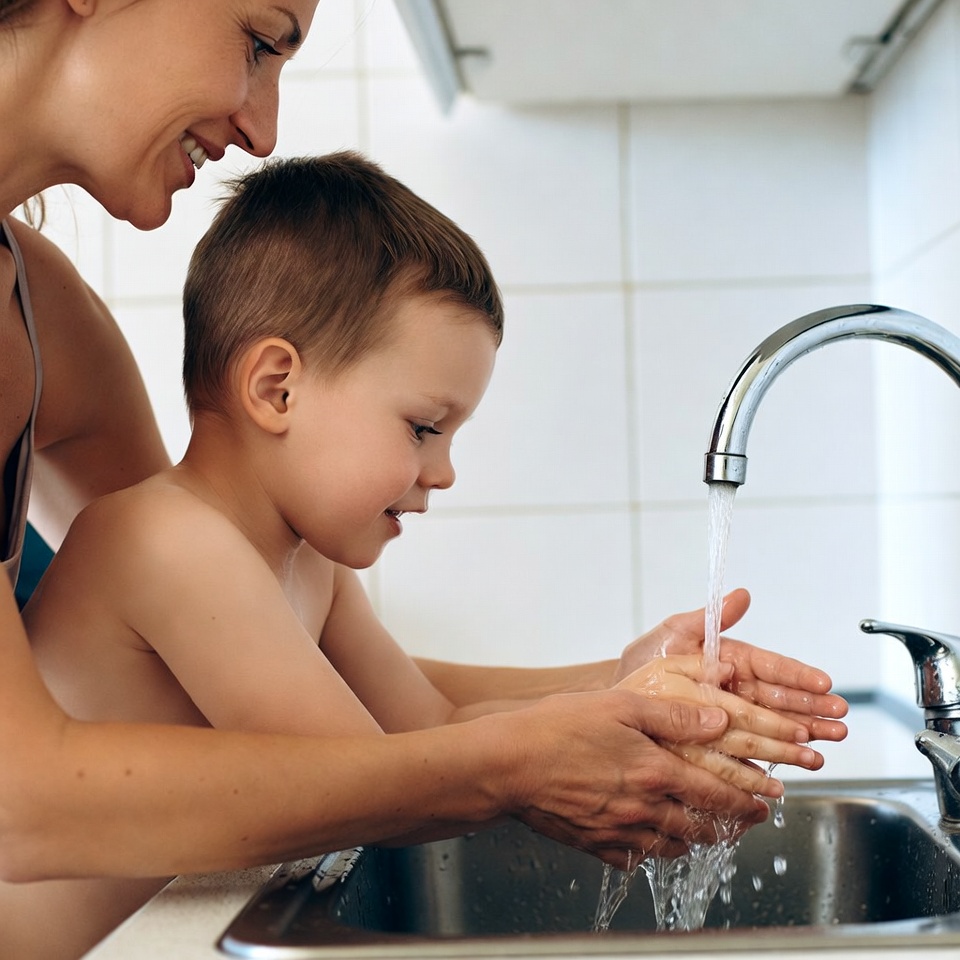 Mother helping boy wash hands Mother helping boy wash hands