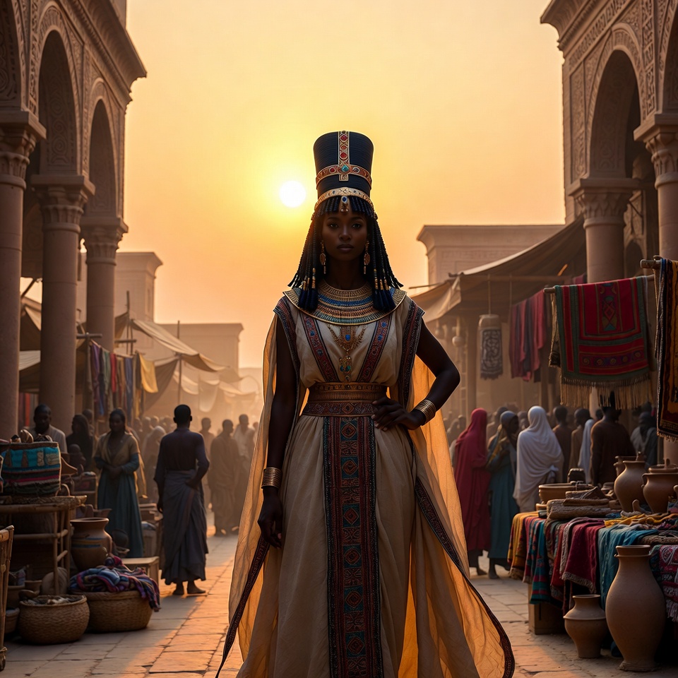Egyptian Woman in Bustling Marketplace at Sunset Egyptian Woman in Bustling Marketplace at Sunset