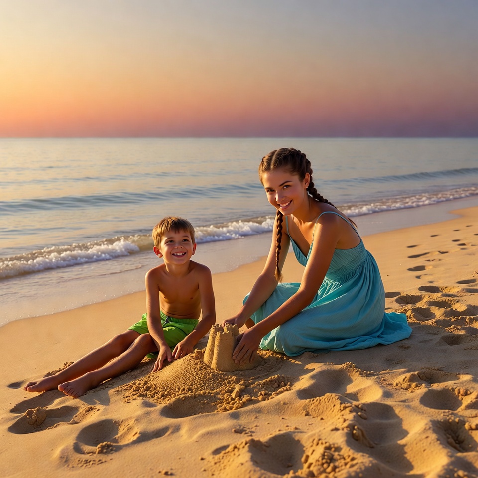 Mother and boy building sandcastle at sunset beach Mother and boy building sandcastle at sunset beach