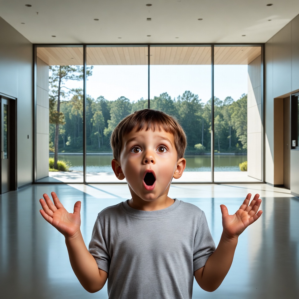 Boy with surprised expression in modern lobby Boy with surprised expression in modern lobby