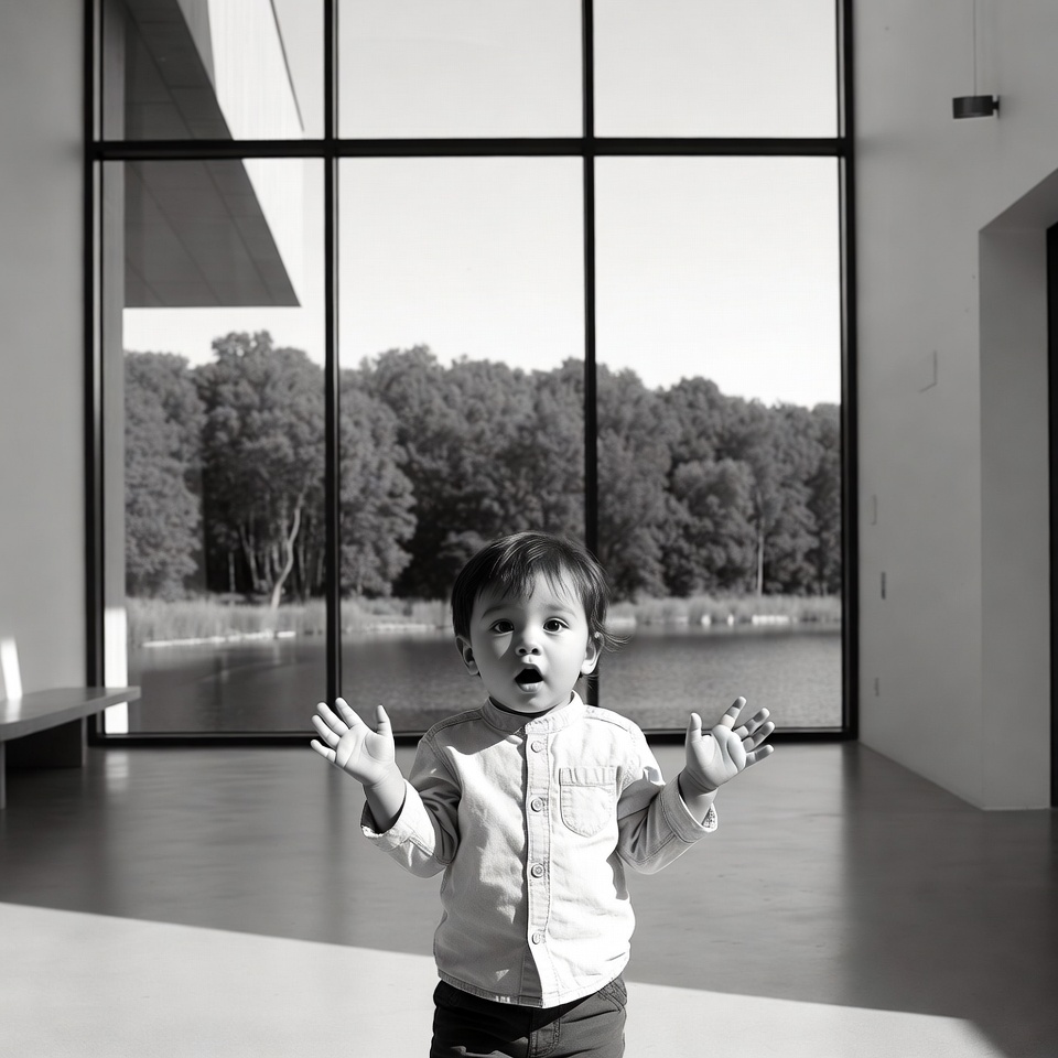 Baby standing with arms outstretched by window Baby standing with arms outstretched by window