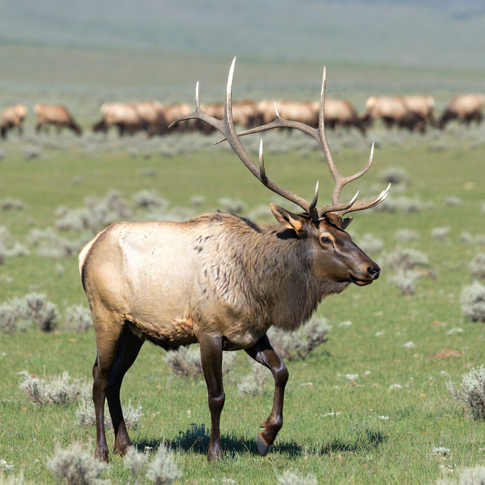 Bull Elk with Antlers in Grassland Bull Elk with Antlers in Grassland